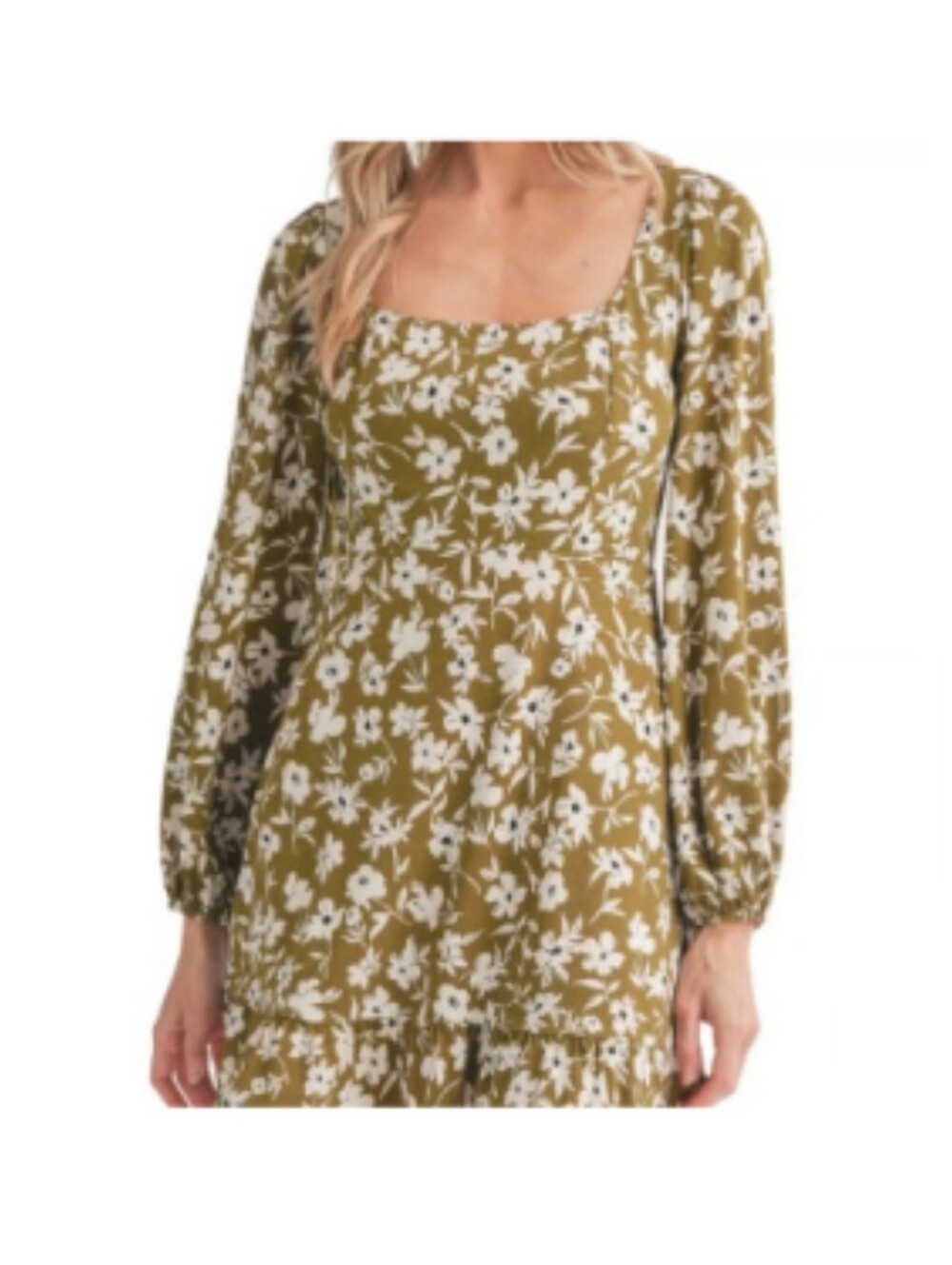 Lush Olive & White Floral Square-Neck Long Sleeve Mini Dress